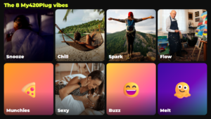 The 8 My420Plug vibes: Snooze, Chill, Spark, Flow, Munchies, Sexy, Buzz, Melt